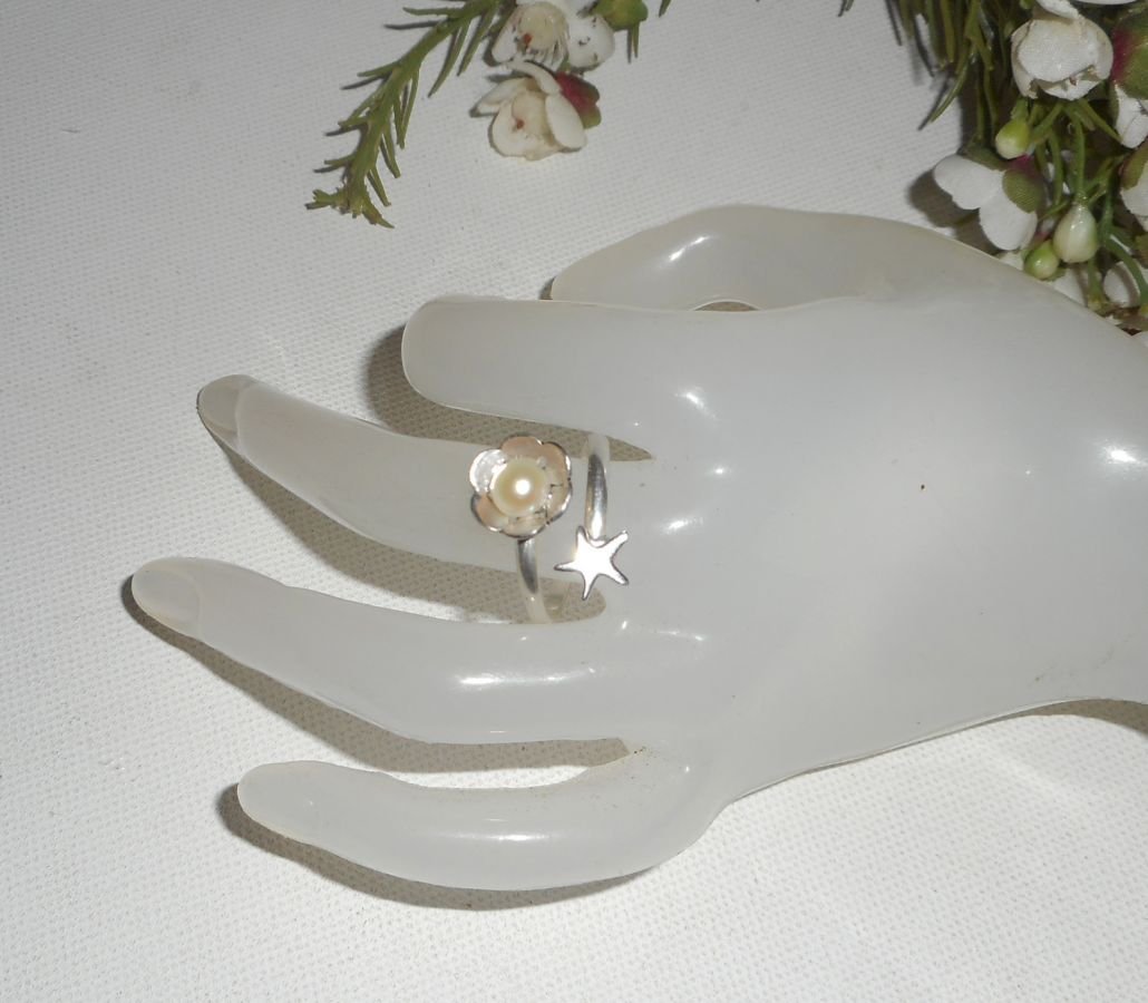 Original silver ring 925 flower cultured pearl and starfish