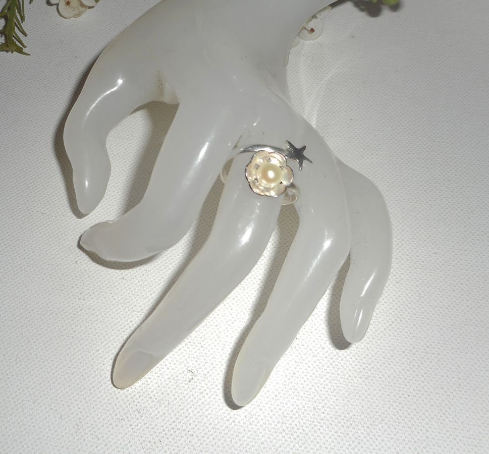 Original silver ring 925 flower cultured pearl and starfish