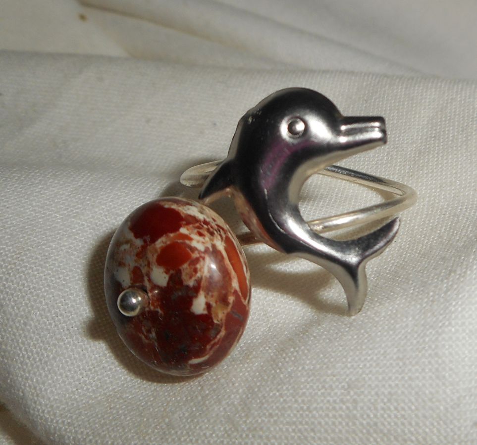 Original 925 silver ring with jasper stone and dolphin