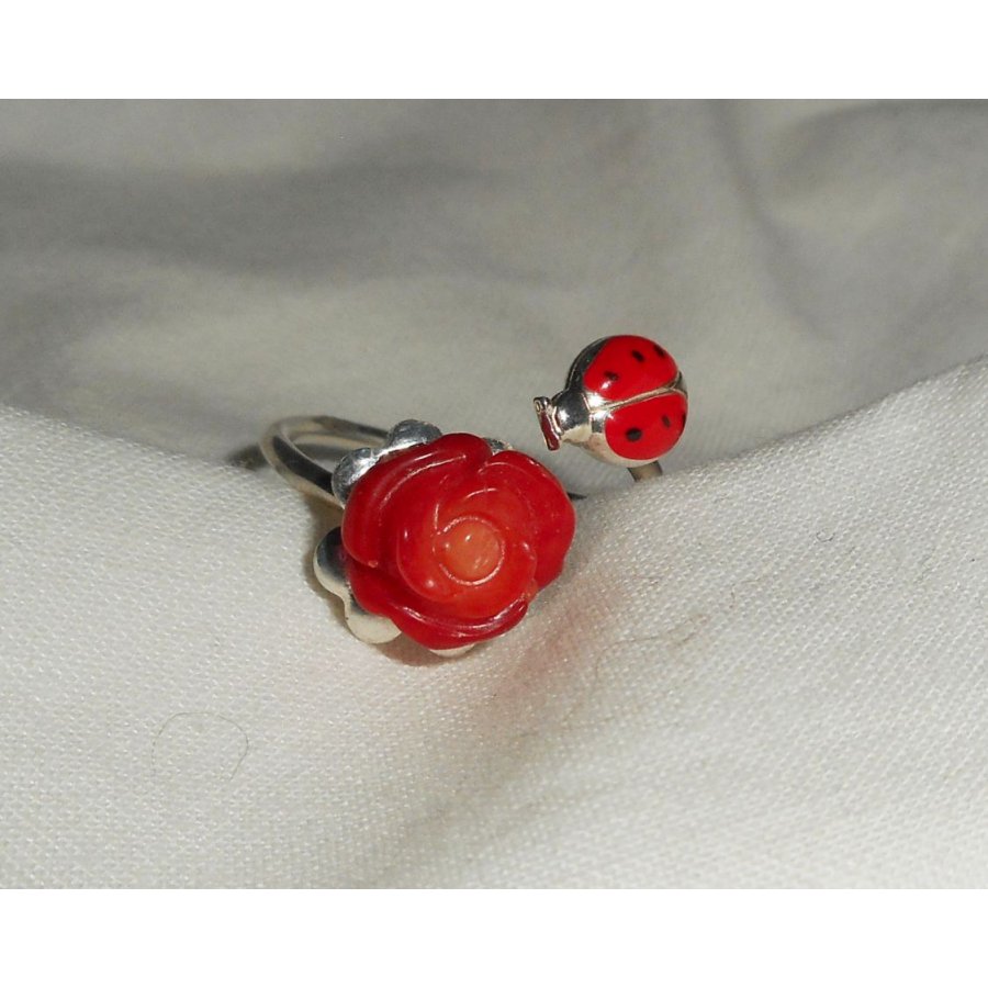 Original 925 silver ring with coral rose and red enamel ladybug