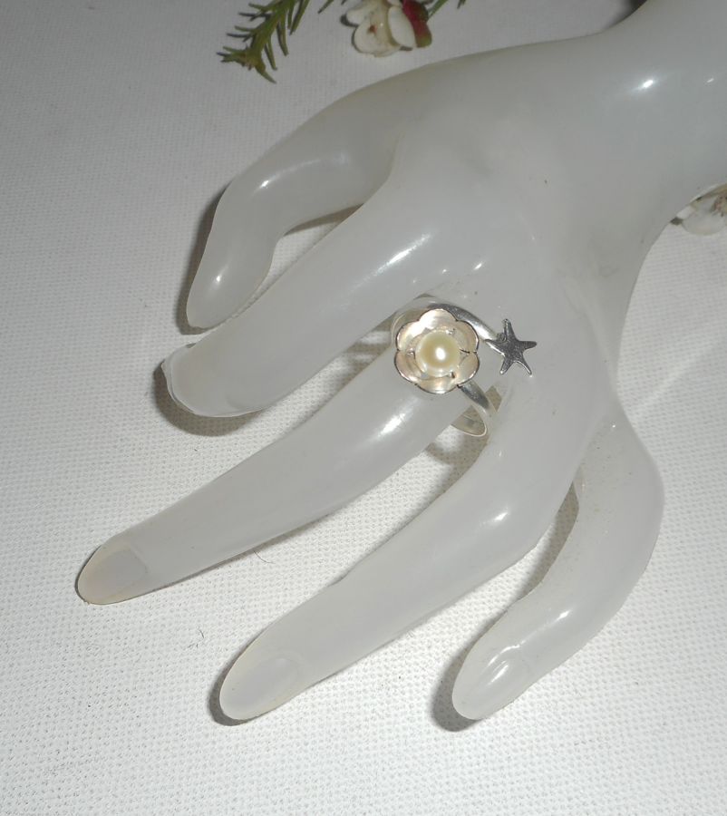 Original silver ring 925 flower cultured pearl and starfish