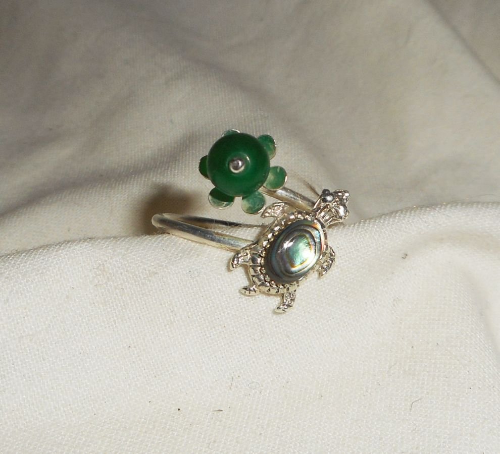 Original 925 silver ring with abalone turtle and green jade stone