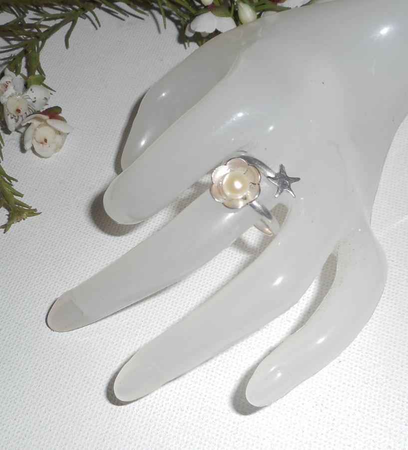 Original silver ring 925 flower cultured pearl and starfish