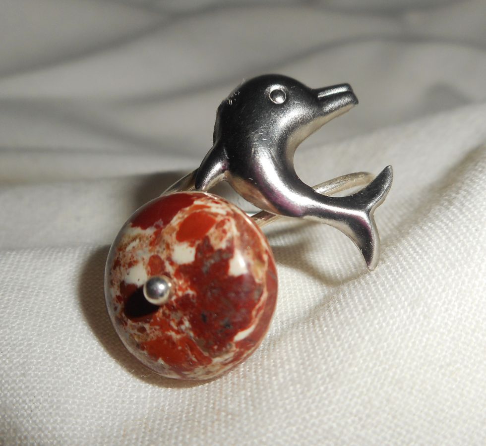 Original 925 silver ring with jasper stone and dolphin