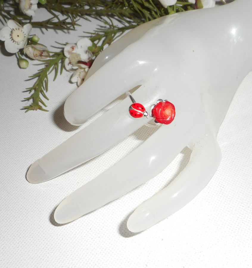 Original 925 silver ring with coral rose and red enamel ladybug