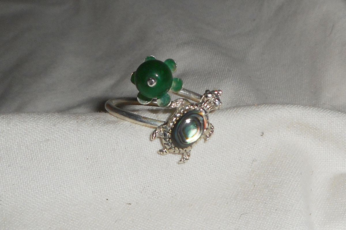 Original 925 silver ring with abalone turtle and green jade stone