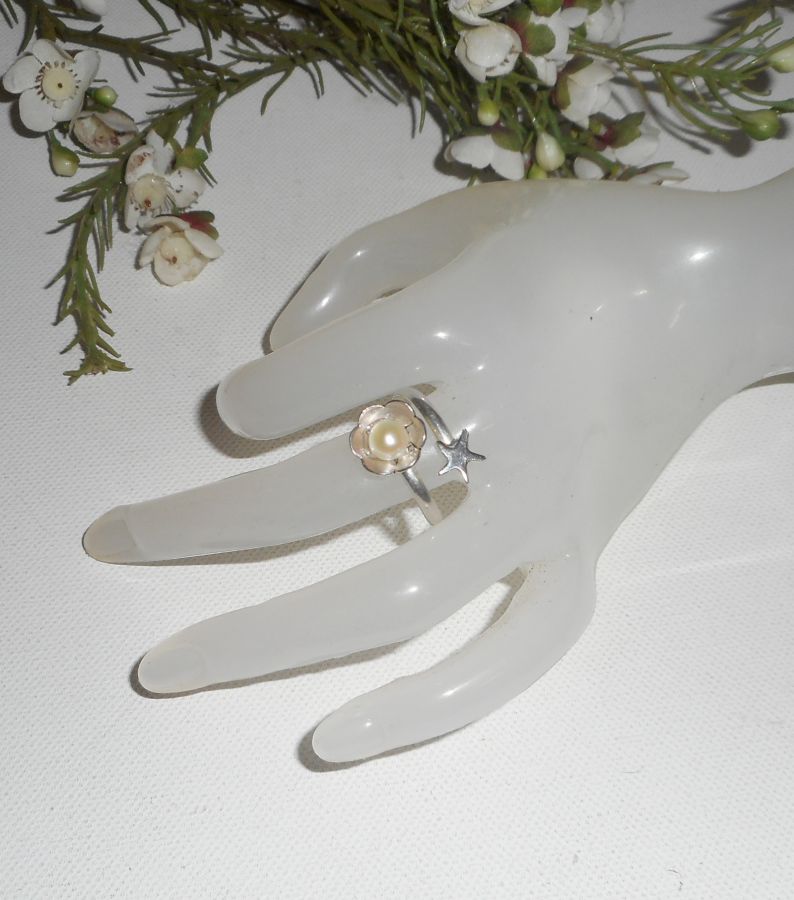 Original silver ring 925 flower cultured pearl and starfish