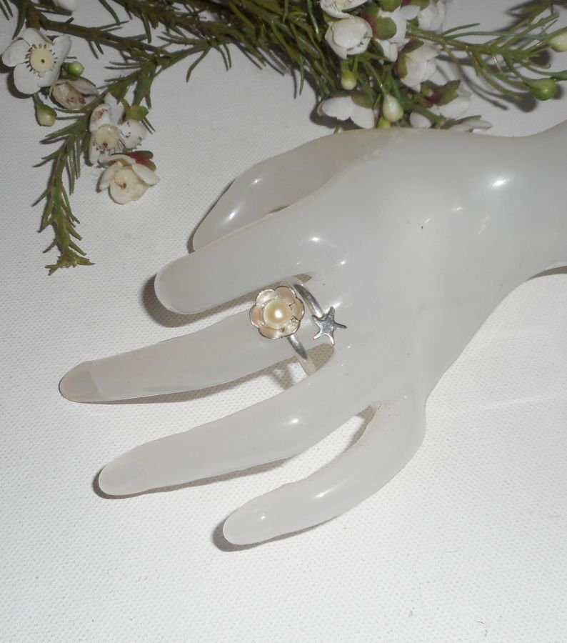 Original silver ring 925 flower cultured pearl and starfish