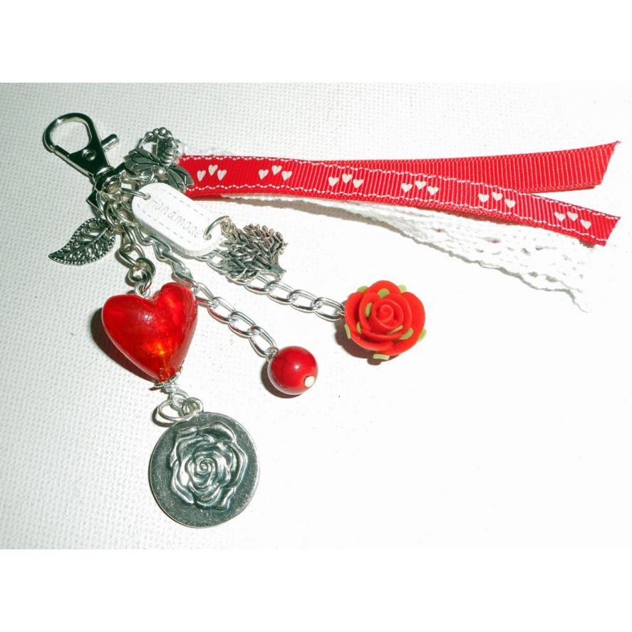 Red glass heart bag/key ring with lace and ribbons