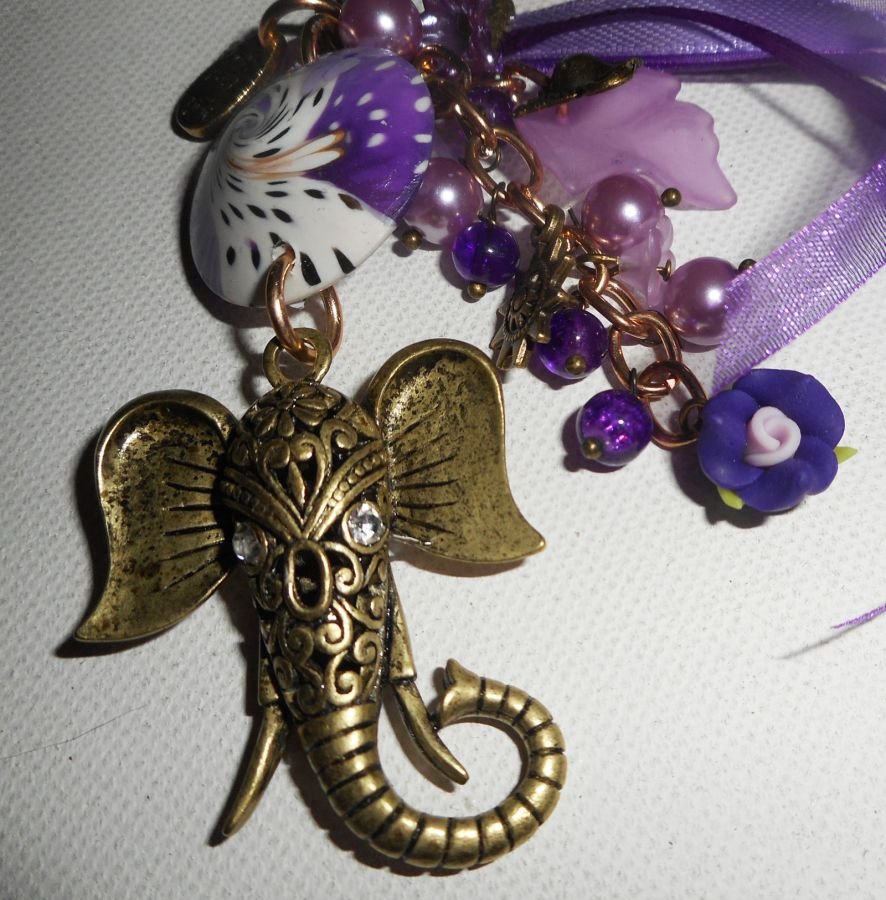 Elephant bag/keychain jewelry with clay beads, glass and purple ribbons