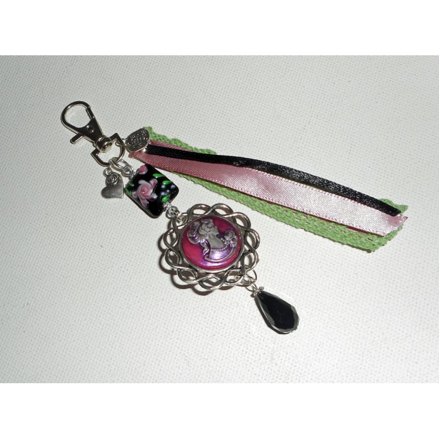 Bag jewelry / keychain glass flower bead and cameo with ribbons