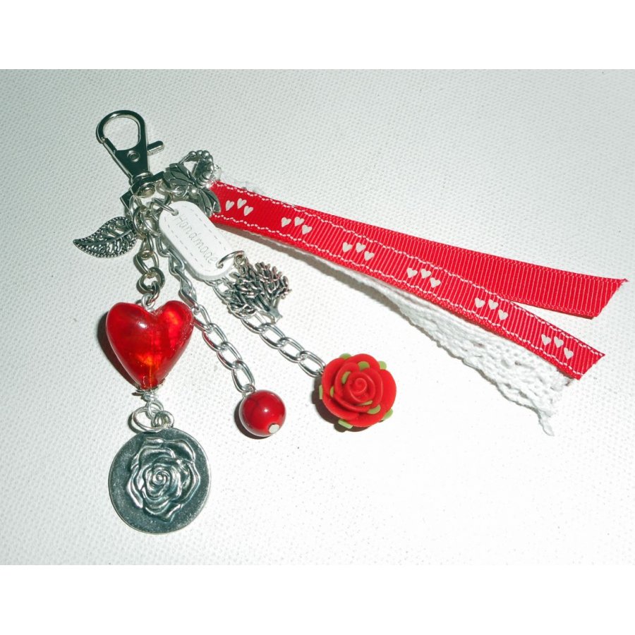 Red glass heart bag/key ring with lace and ribbons