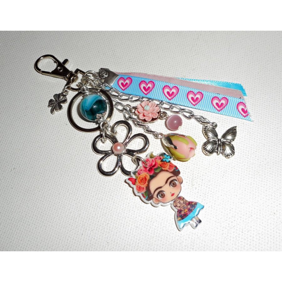 Frida pink and blue bag/keychain jewelry with flowers and ribbons