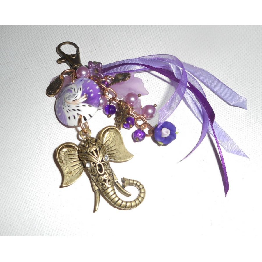 Elephant bag/keychain jewelry with clay beads, glass and purple ribbons