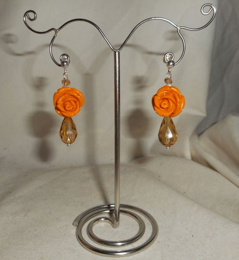 925 silver earrings with mustard rose and bohemian crystal drops