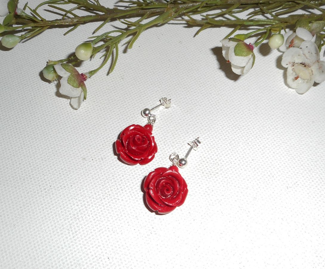 925 silver earrings with red roses