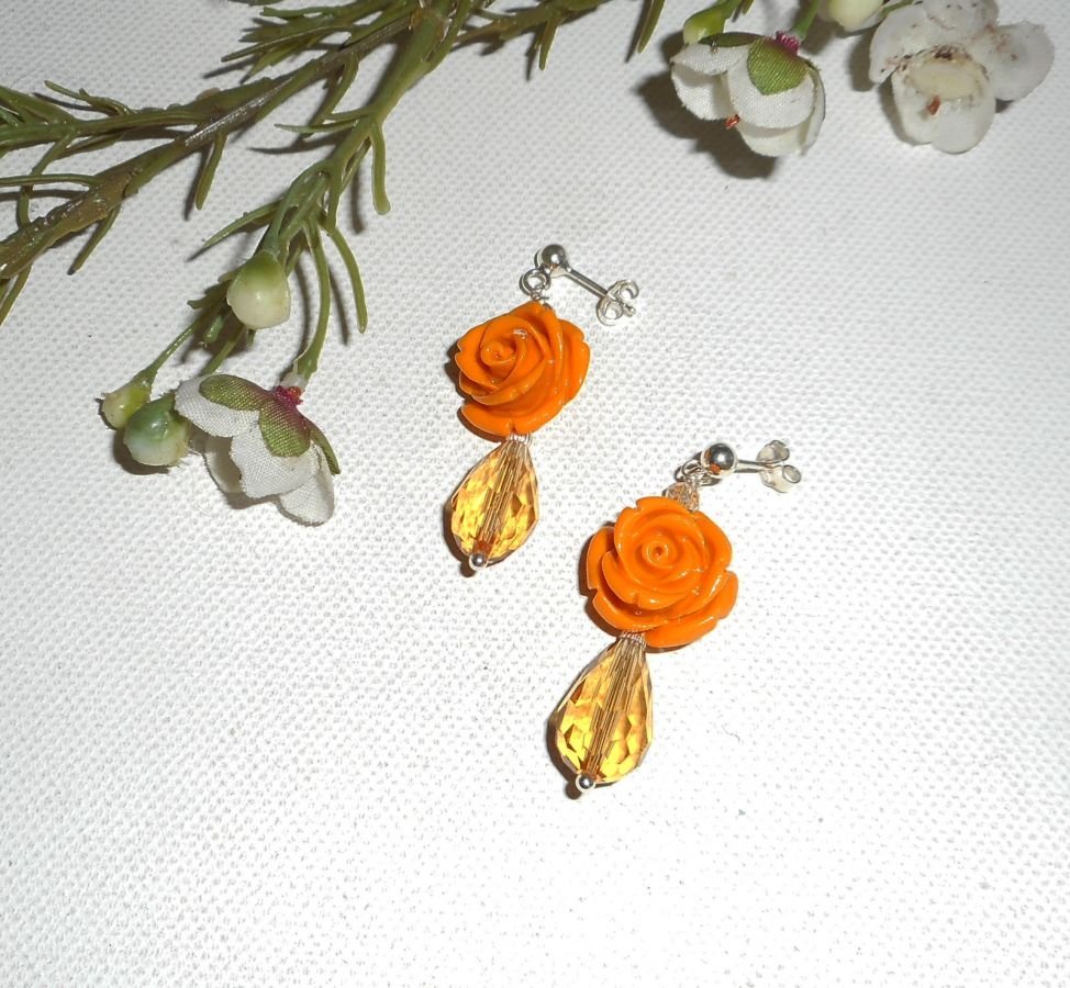 925 silver earrings with mustard rose and bohemian crystal drops