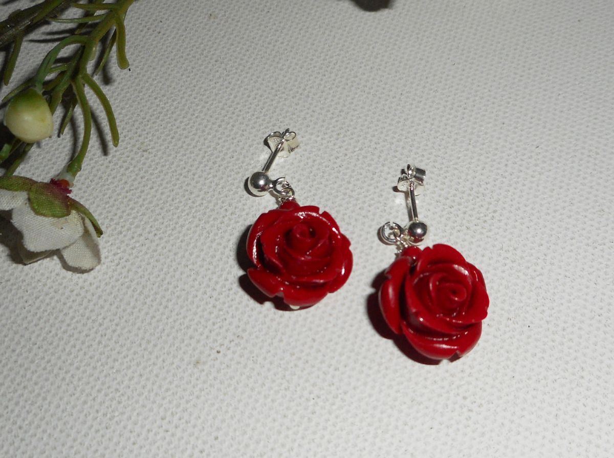 925 silver earrings with red roses