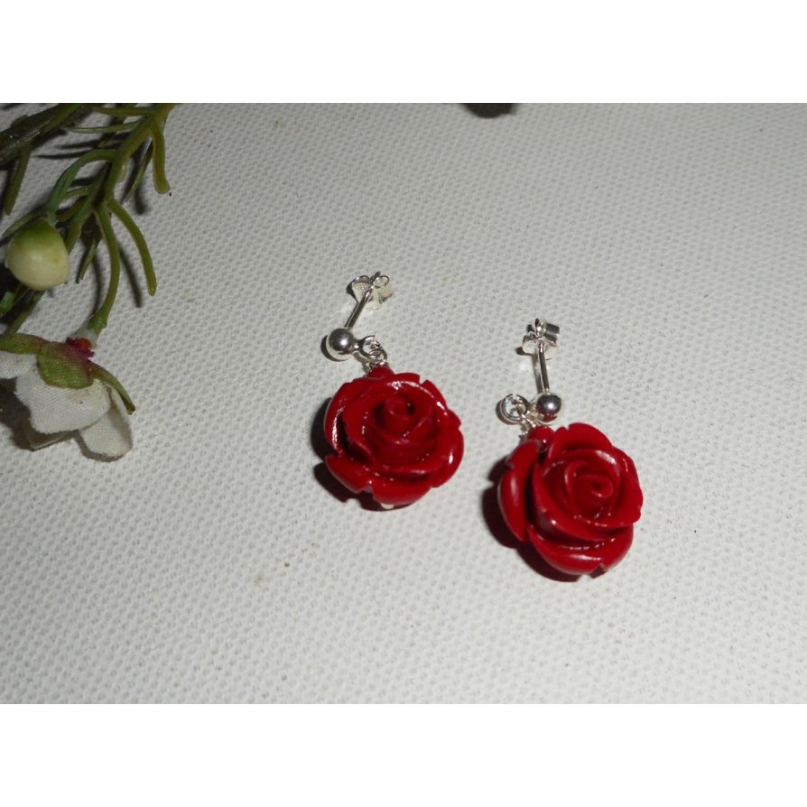 925 silver earrings with red roses