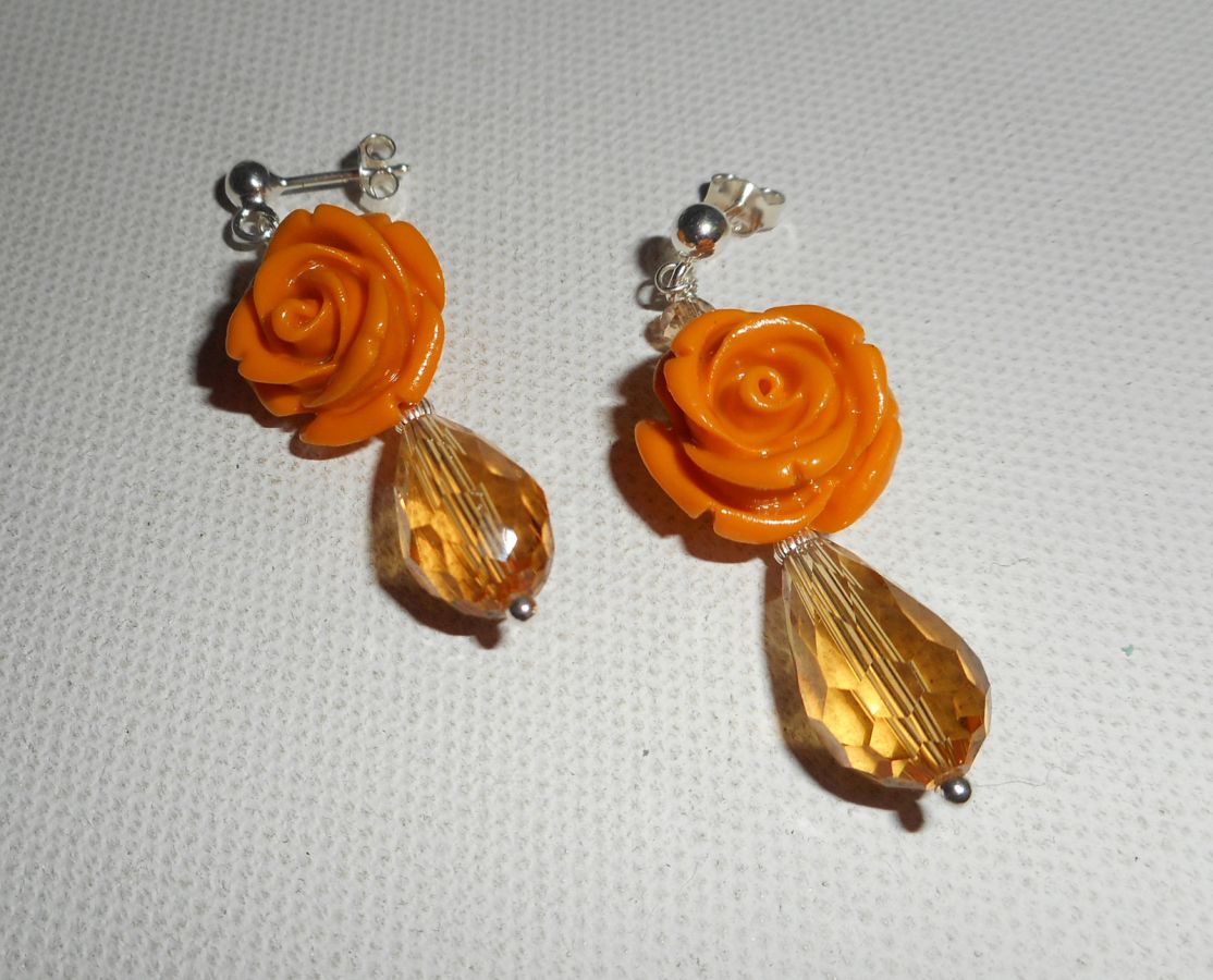 925 silver earrings with mustard rose and bohemian crystal drops