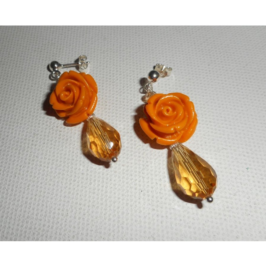 925 silver earrings with mustard rose and bohemian crystal drops