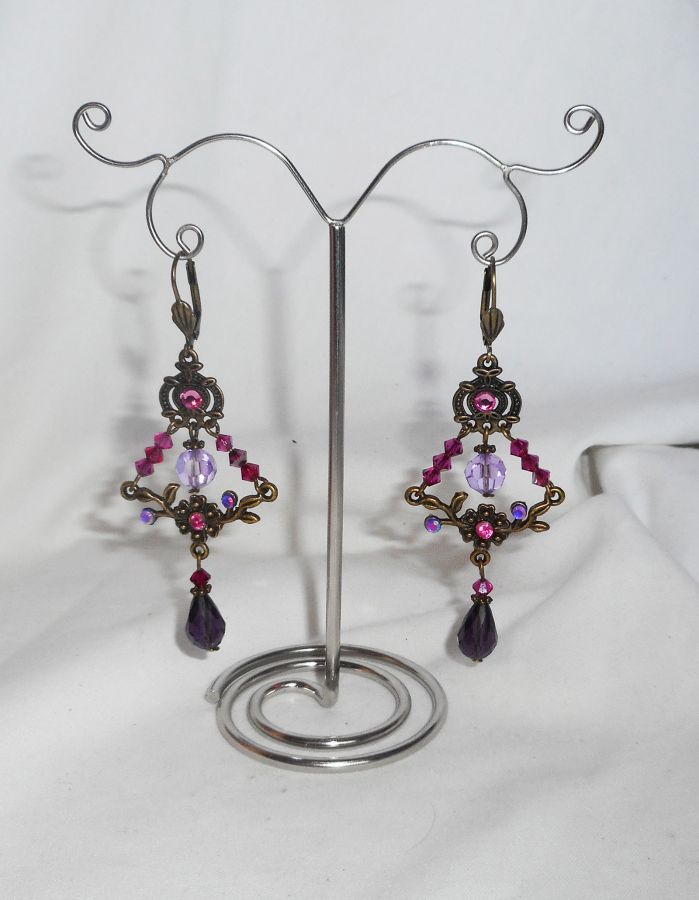 Purple and green crystal beaded flower connector earrings