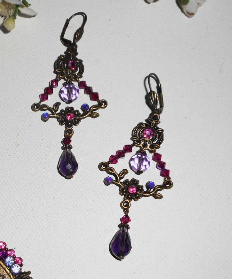 Purple and green crystal beaded flower connector earrings