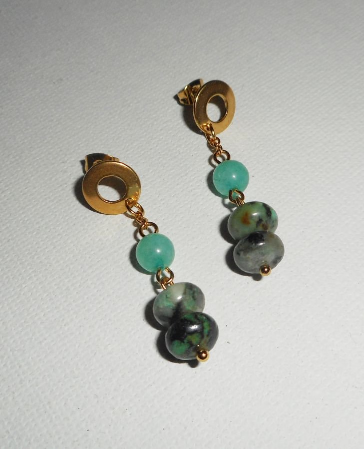 Green jasper stones earrings on stainless steel gold chain