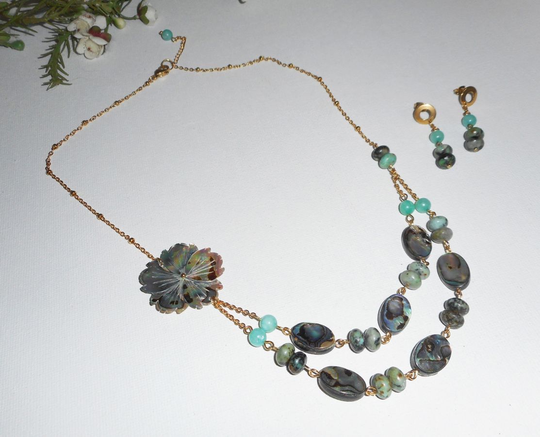 Green jasper stones earrings on stainless steel gold chain