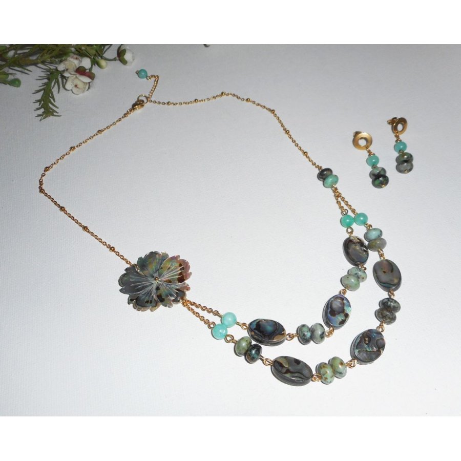 Green jasper stones earrings on stainless steel gold chain