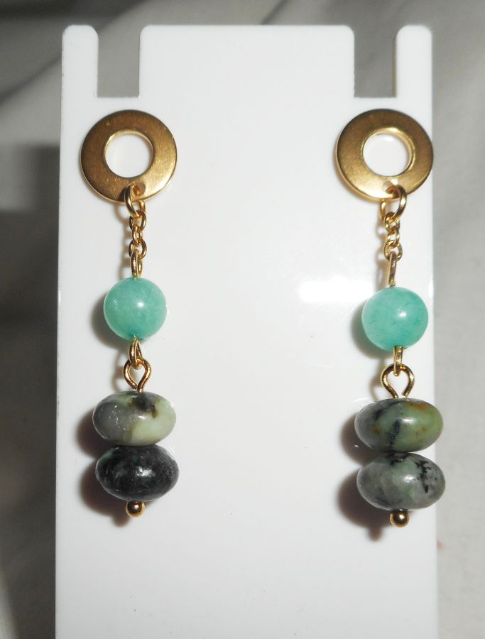 Green jasper stones earrings on stainless steel gold chain