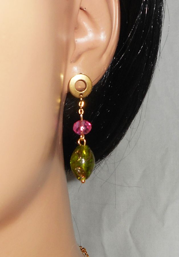 Green and pink glass and crystal earrings