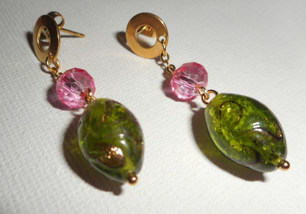 Green and pink glass and crystal earrings