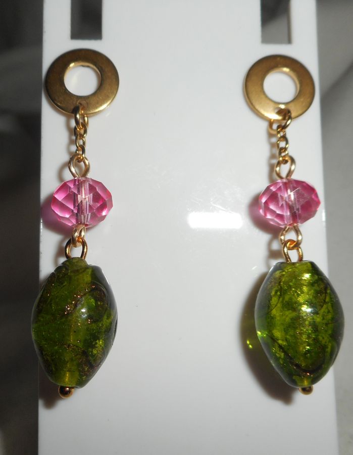 Green and pink glass and crystal earrings