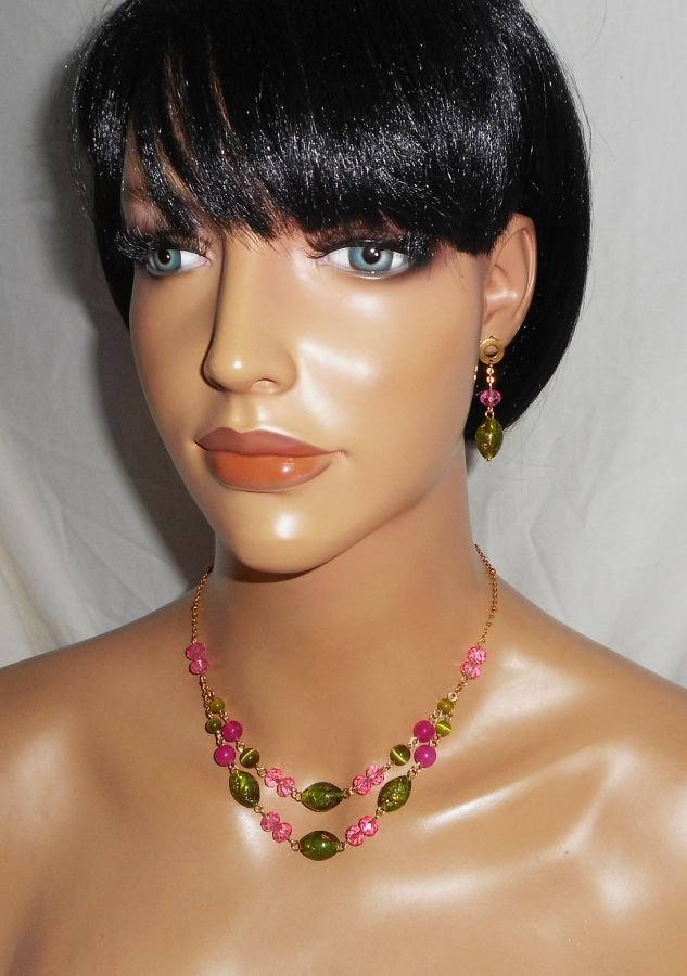 Green and pink glass and crystal earrings