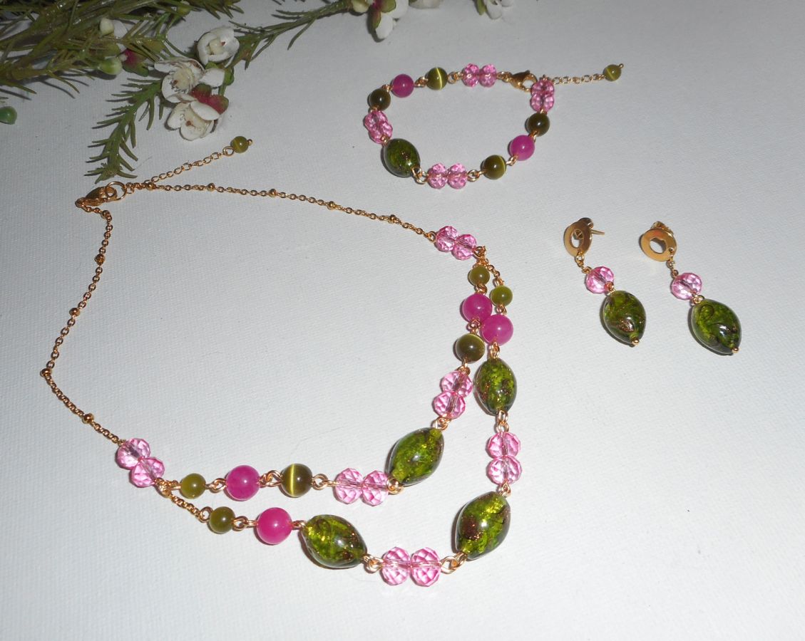 Green and pink glass and crystal earrings