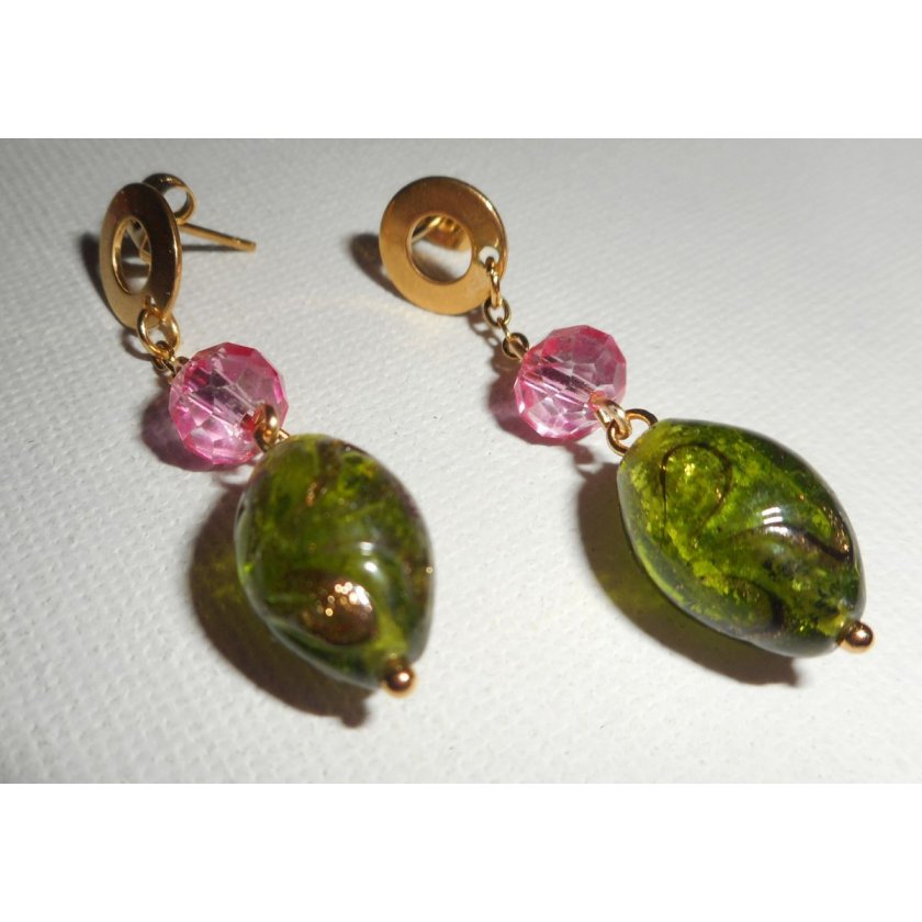 Green and pink glass and crystal earrings