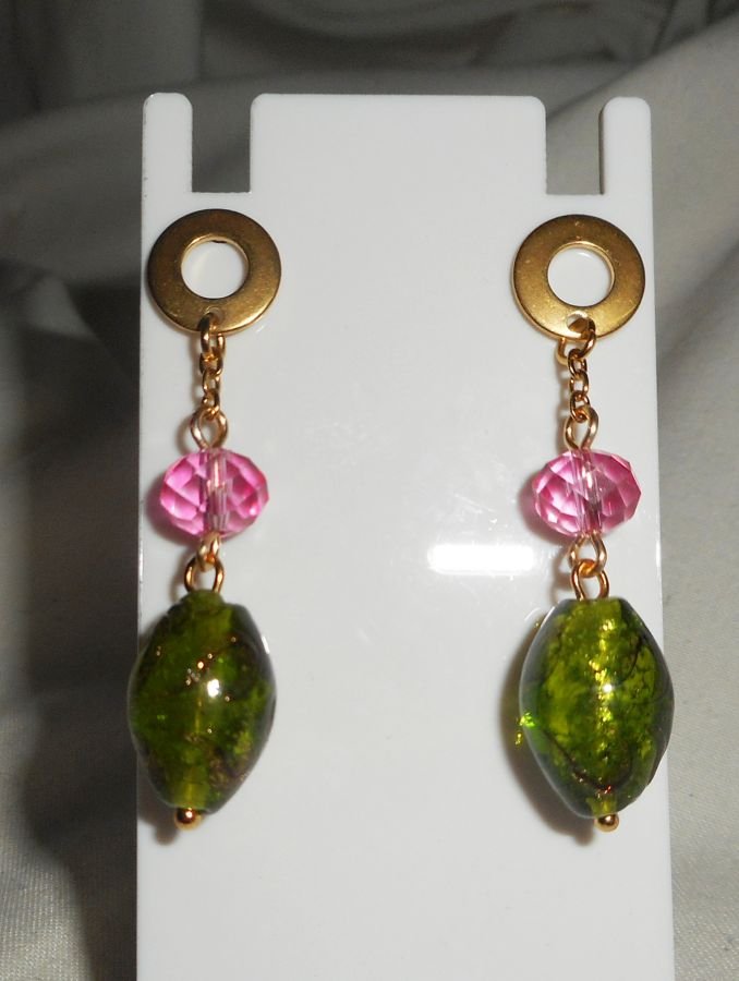 Green and pink glass and crystal earrings