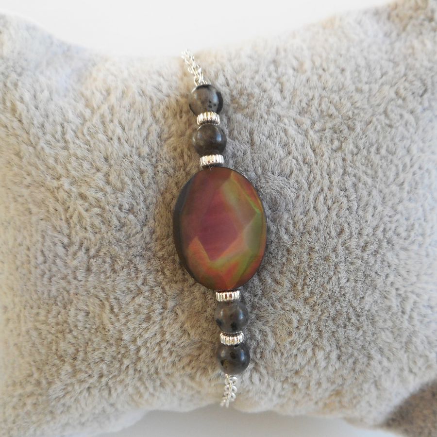 Abalone and grey labradorite bracelet on 925 silver chain