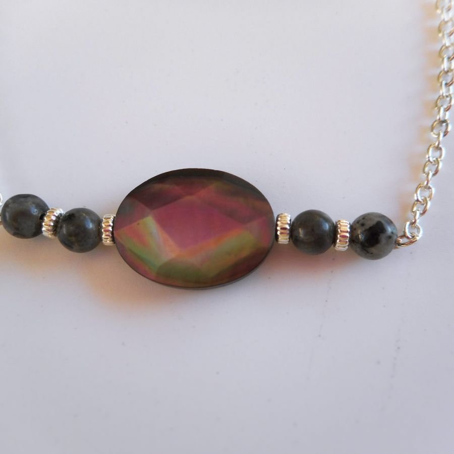 Abalone and grey labradorite bracelet on 925 silver chain