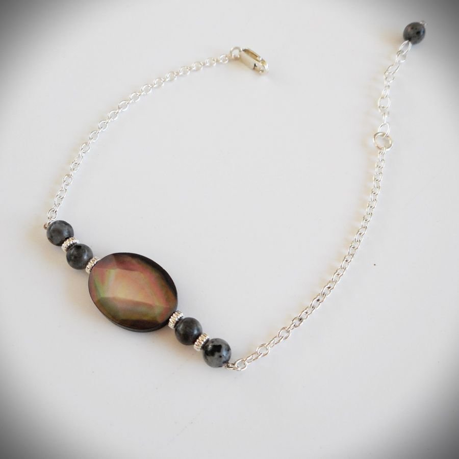 Abalone and grey labradorite bracelet on 925 silver chain