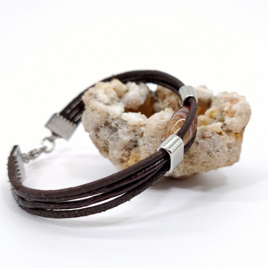 Olive agate bracelet on brown leather multi-ranks for man