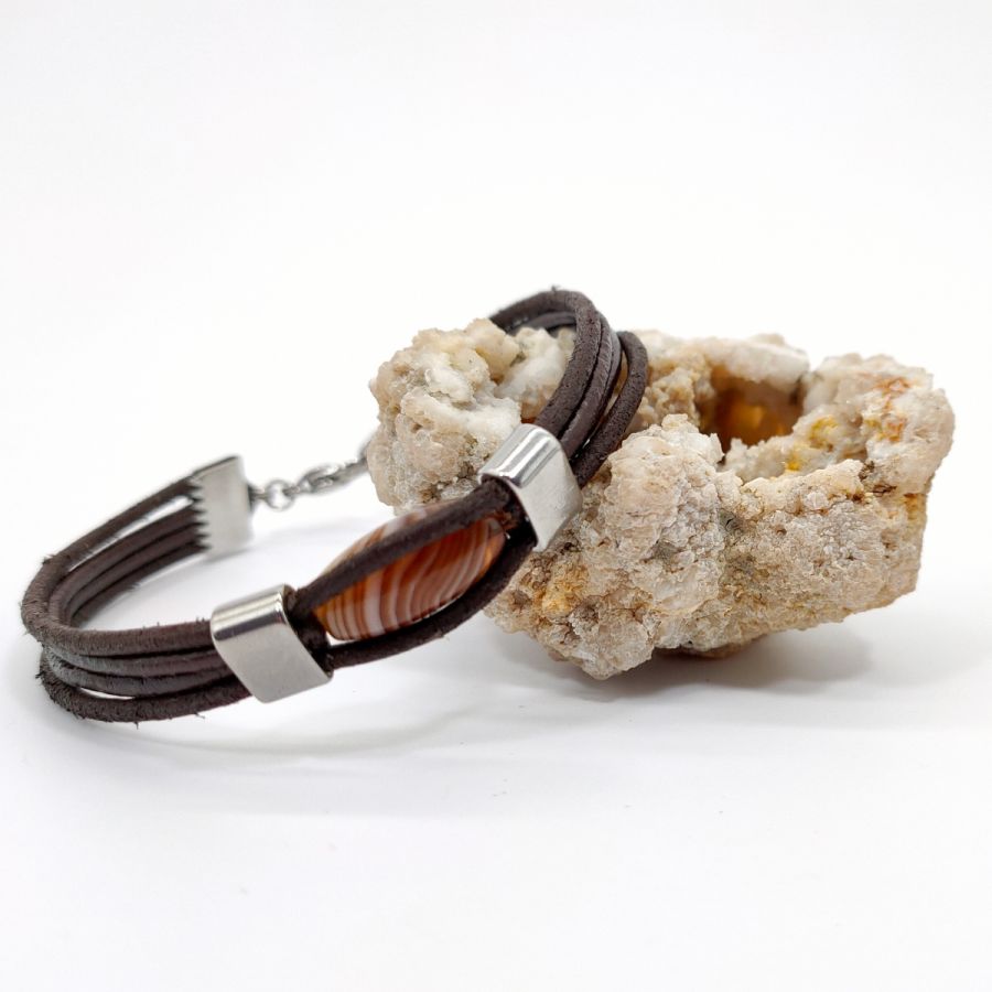 Olive agate bracelet on brown leather multi-ranks for man