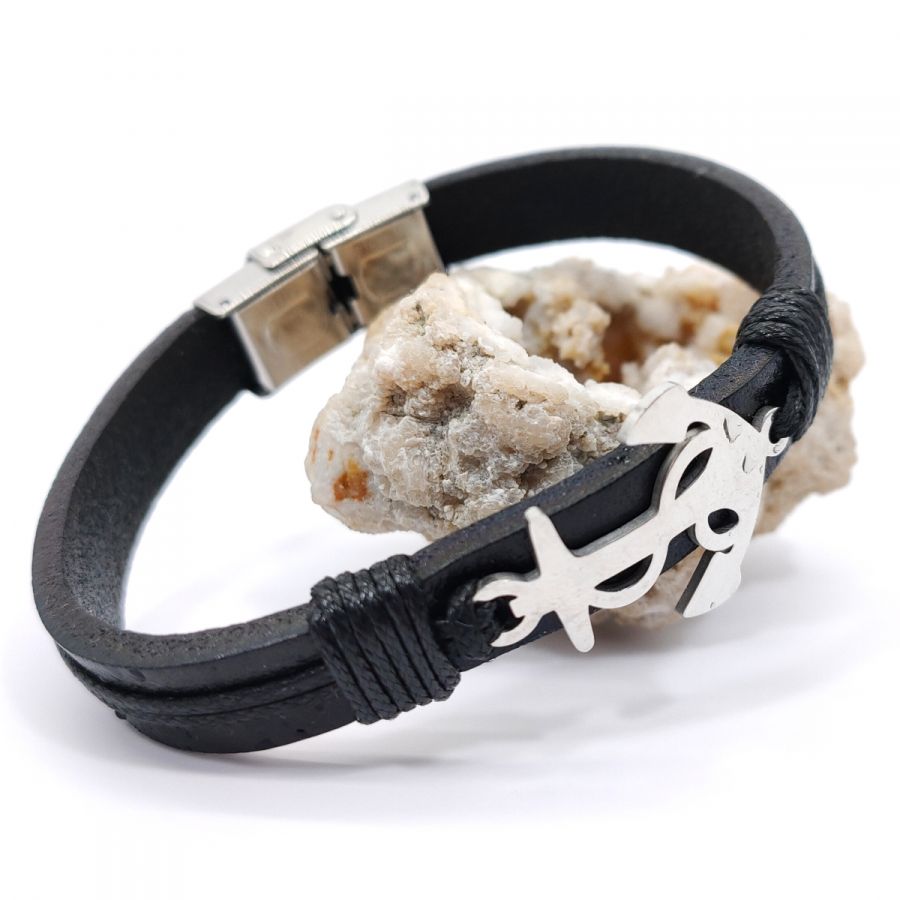 Steel anchor bracelet on black leather