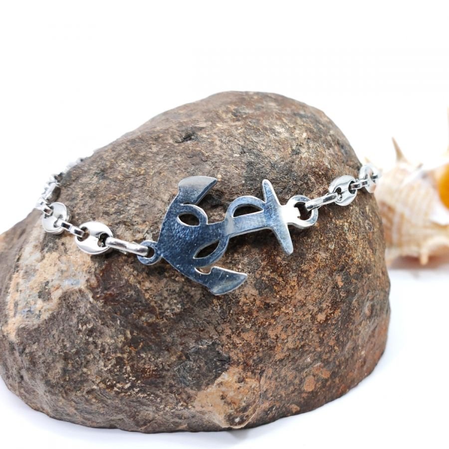 Anchor bracelet on steel coffee bean chain 