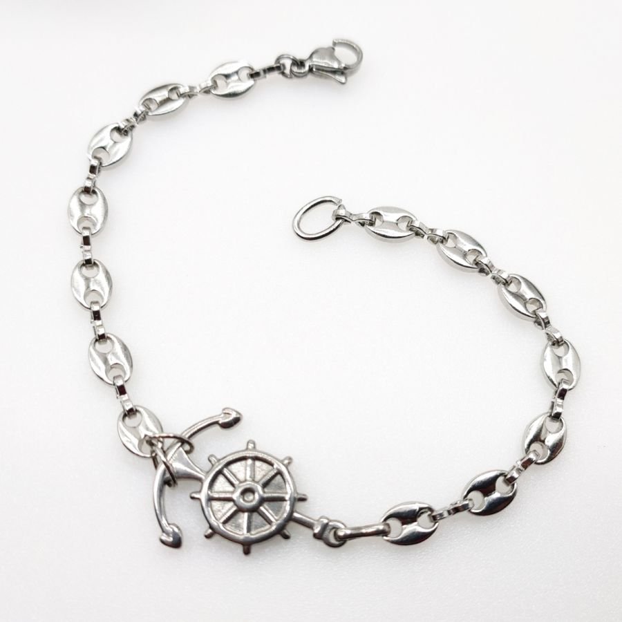 Anchor and rudder bracelet on steel coffee bean chain 