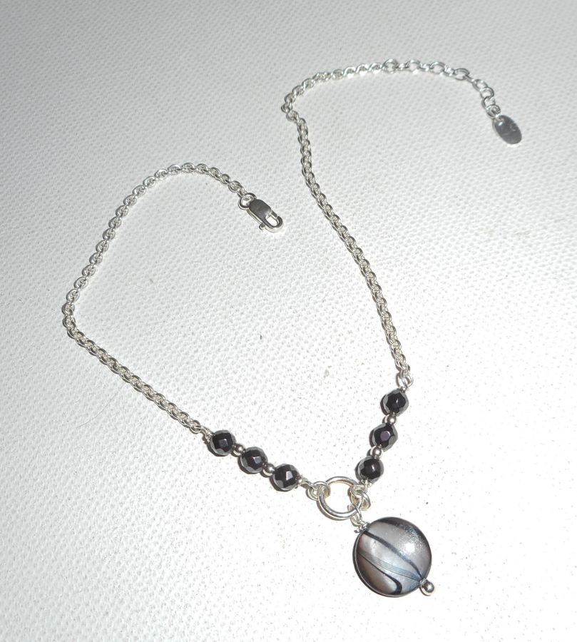 Original 925 silver bracelet/ankle chain with grey mother of pearl and hematite stones