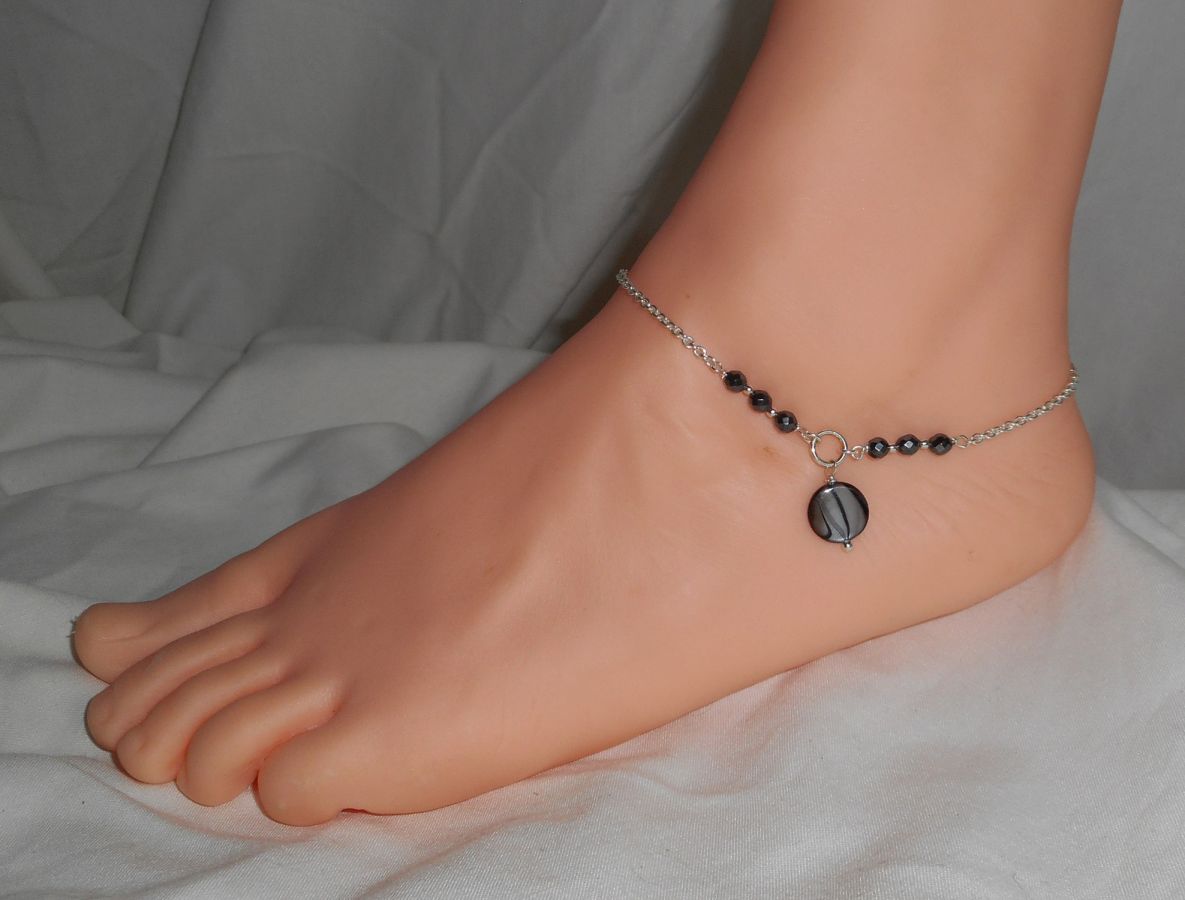 Original 925 silver bracelet/ankle chain with grey mother of pearl and hematite stones