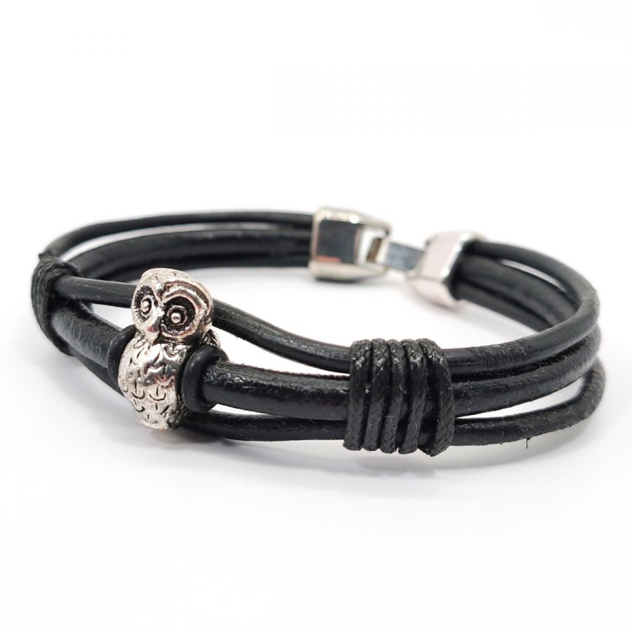 Owl bracelet on black leather cord