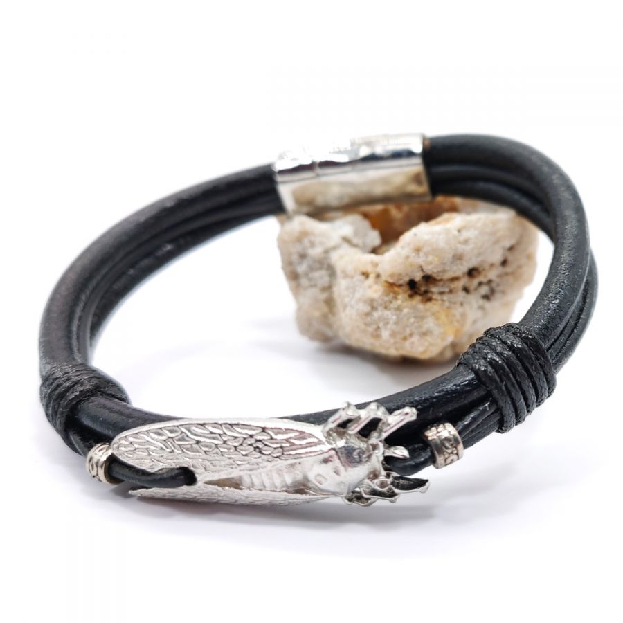 Cicada bracelet on black leather cord